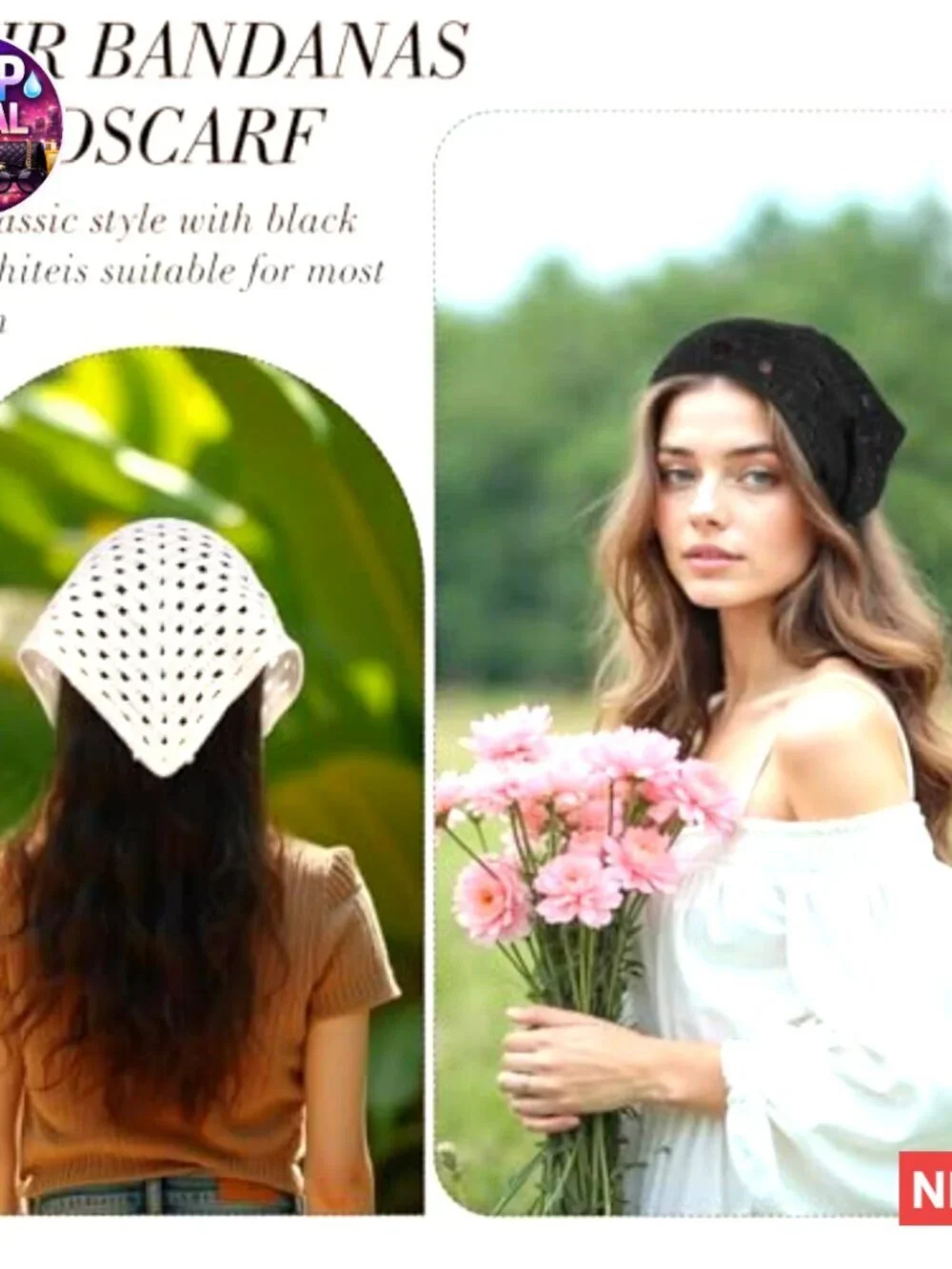 4 Pack Crochet Bandanas Headscarf with Hair Pins, Vintage Floral Headband